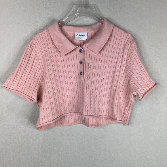 Callahan Daisy Polo Cropped Top Size Medium Gossamer Pink Cable‎ Knit Boxy Shirt - Picture 1 of 12